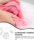 Travel Ready Compact Washing Machine Acts As A Laundry Game Changer By Delivering A Gentle Hand Feel Wash For Underwear Delicates And Light Fabrics Quick Spin Dry Keeps Road Trips Stress Free, shown washing delicate pink fabric.