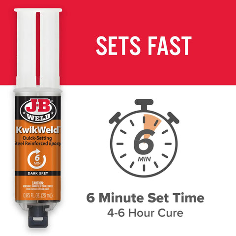 Tough As Nails Fast Cure Heavy Duty Epoxy Syringe Pack showing 6-minute set time in dark grey packaging for quick repairs.