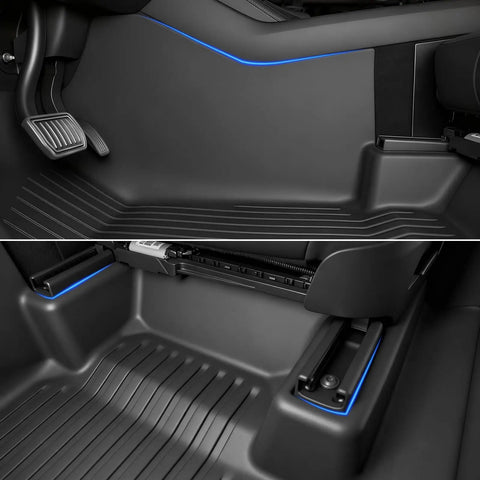 Tesla Model Y Juniper All Weather Floor Mats And Cargo Liners 9 Piece CabinProtect Pro Kit installed in cabin, side view.