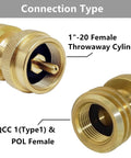 Propane Tank Adapter 20lb To 1lb Universal Converter, brass construction, showing 1"-20 and QCC-1 POL female threads.