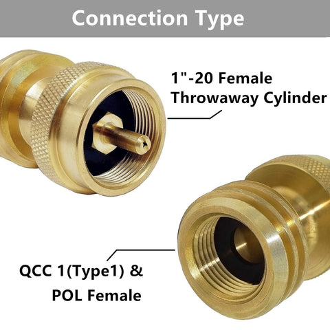 Propane Tank Adapter 20lb To 1lb Universal Converter, brass construction, showing 1"-20 and QCC-1 POL female threads.