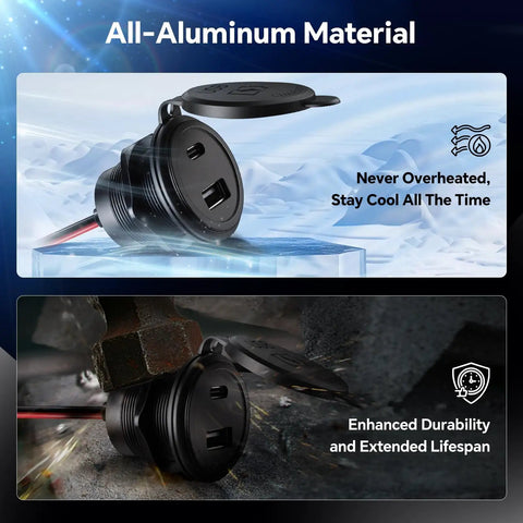 Heavy Duty Dual Port 12V Car Charger With Rugged Aluminum Housing Waterproof Splash Lid 48W Quick Charge close-up view showing two USB ports and protective lid.