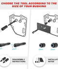 Dasen inner cam bearing installer and puller for Harley Twin CAM, 22mm/25mm adapters, disassembly and installation views