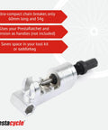 Ultra Compact Beefy Heavy Duty Bike Chain Breaker Tool Accessory with heat treated chrome plated build displayed with text highlights.