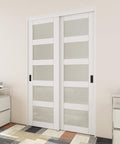 Frosted 5 Panel Tempered Glass Closet Sliding Door, 48 By 80 Inches, Double Barn Style With Hardware Kit, in white MDF frame installed