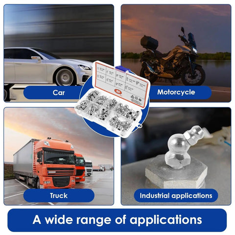 Heavy Duty Metric Grease Fitting Kit With Galvanized 180 Pc Assortment Featuring One Way Spring Seals For Hydraulics And Fuel Nozzles Zerk Nipples M6 M8 M10 Size Perfect For Cars Trucks And Heavy Equipment Maintenance Jobs, kit shown for car, motorcycle, truck and industrial use