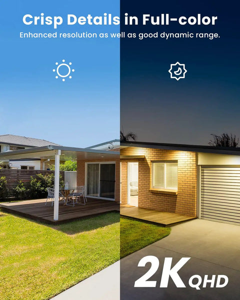 Day and night view showcasing 2K quality of Solar Outdoor Security Camera With Floodlight, Wireless 2K Battery Powered Security Cam.