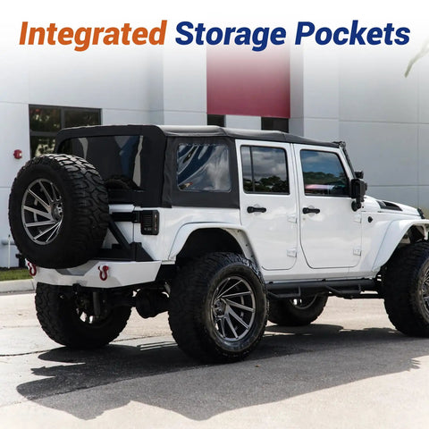 Replacement Soft Top Kit For 2010 2017 Jeep Wrangler 2 Door With Tinted Rear Windows Black Diamond Fabric shown installed