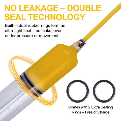 Grease Monkey Pick Fluid Extractor Pump With 39 Inch Hose And Reinforced Extension Tubes showing dual seal technology and extra sealing rings.