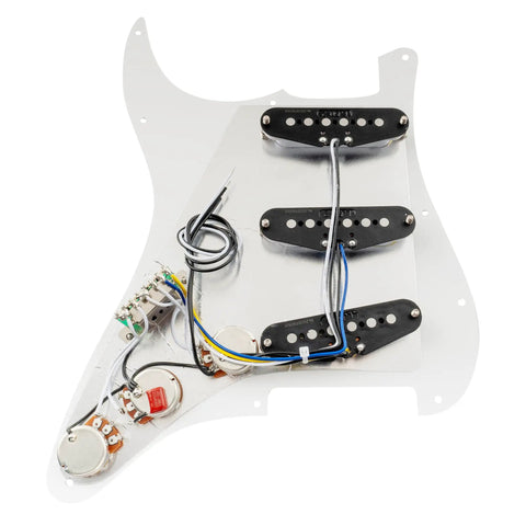 Prewired SSS pickguard for Strat style electric guitars with staggered Alnico 5 single coil pickups white 3 ply fits Squier