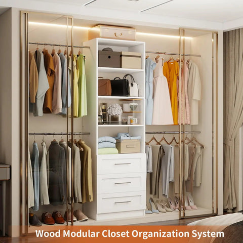Walk In Closet Organizer Tower With Adjustable Shelves And Four Expandable Hanging Rods, Modular Drawer Closet System In White