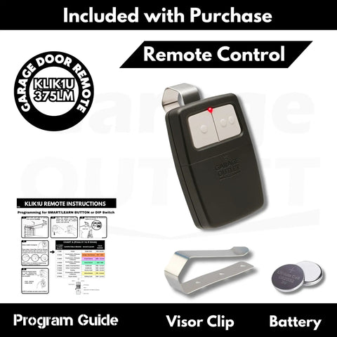 Universal Garage Door Opener Remote That Works With Most Major Brands Like Chamberlain, Genie, LiftMaster And Linear Replacement Or Add On For Two Doors With Learn Button And Dip Switch Compatibility No MyQ Needed, shown with accessories.