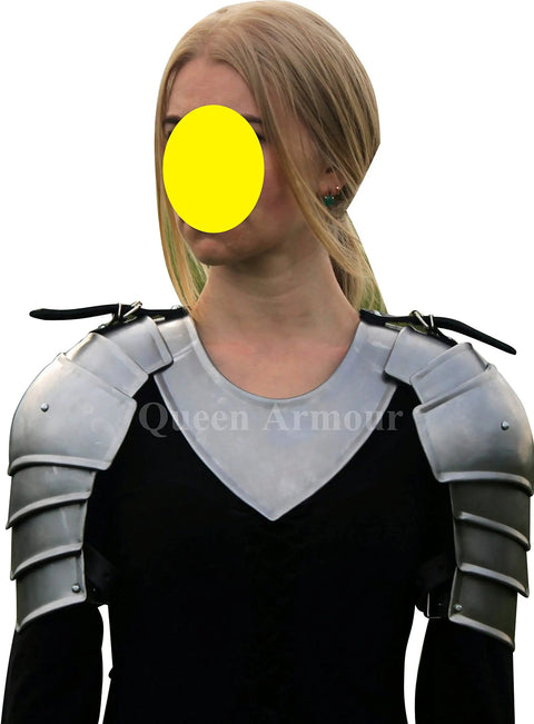 Sturdy Medieval Larp Shoulder Armor With Gorget For Women Badass Pauldrons And Leather Trim In Silver Steel Realistic Knight Armor