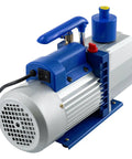 Pro Grade Hvac Vacuum Pump With Dual Mufflers For Whisper Quiet Operation And Slick 304 Stainless Steel Body Built For Hardcore Crews Demanding Rock Solid Performance On Every Job Site showing a side view with connected power cord.