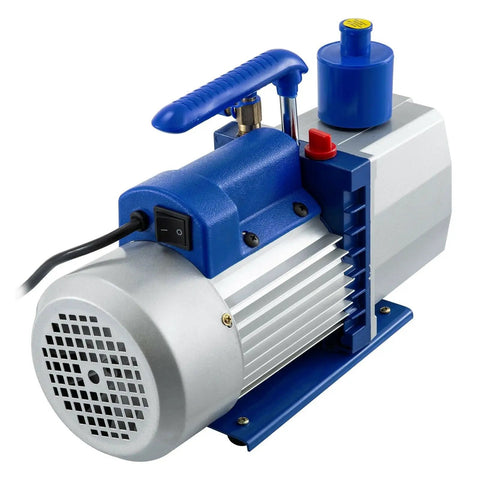 Pro Grade Hvac Vacuum Pump With Dual Mufflers For Whisper Quiet Operation And Slick 304 Stainless Steel Body Built For Hardcore Crews Demanding Rock Solid Performance On Every Job Site showing a side view with connected power cord.
