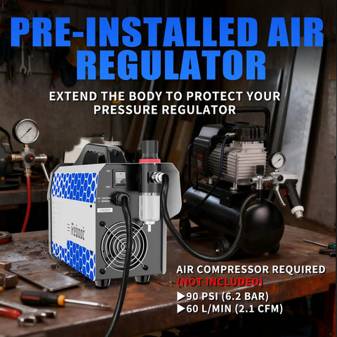 60A Plasma Cutter With Large LED Display And Dual 120V 240V IGBT Inverter Delivers Clean One Half Inch Cuts And Five Eighths Inch Max For Metalworking Projects In Home Shops And Professional Garages with pre-installed air regulator on workbench.