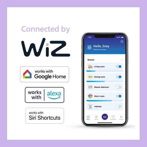 Connected by WiZ smart bulb app, Google Home, Alexa, and Siri Shortcuts with phone room controls