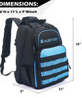 Super Tough Rugged Heavy Duty Tool Bag Backpack For Men With Massive Storage 49 Pockets shown with dimensions 16x11x9