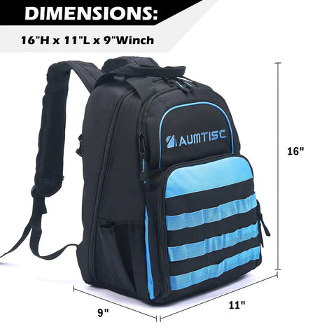 Super Tough Rugged Heavy Duty Tool Bag Backpack For Men With Massive Storage 49 Pockets shown with dimensions 16x11x9
