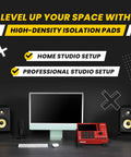 Home studio setup with pair of SMPad 8 studio monitor isolation pads for 6.5, 7, and 8 inch speakers, high density acoustical foam.