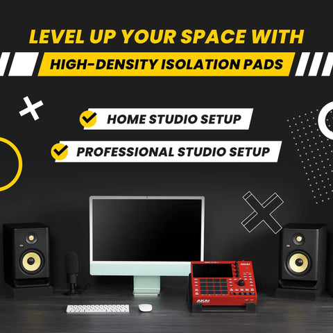 Home studio setup with pair of SMPad 8 studio monitor isolation pads for 6.5, 7, and 8 inch speakers, high density acoustical foam.