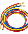Three Piece Six Foot AC Manifold Hose Kit For R410A R134A R404A R22 With One Quarter SAE Female Flare, Four Layer Vacuum Hoses, Eight Hundred PSI Working Pressure, Pro Grade Heavy Duty Air Conditioning Charging Kit. Coiled red, yellow, blue hoses with brass fittings