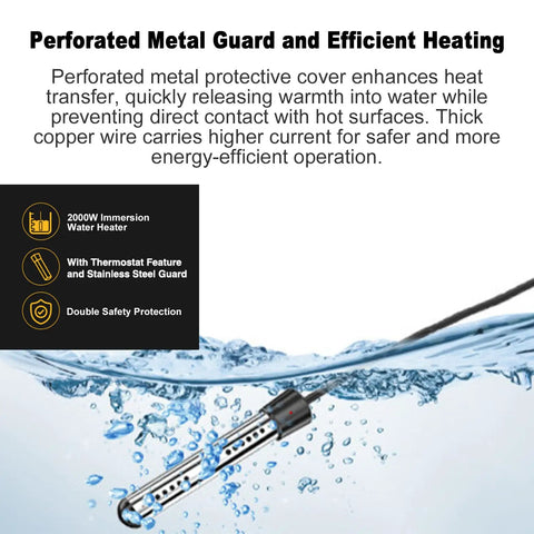 Built Badass Kickin Up The Heat Fast This Plug And Play 2000 Watt Immersion Water Heater with perforated metal guard in water.