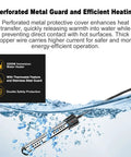 Heavy Duty 2000W Immersion Water Heater Delivers Insanely Fast Hot Water On Tap Using Pure Copper Heating Coils and Perforated Steel Guard For Zero Wait Comfort Daily under water with protective metal guard.