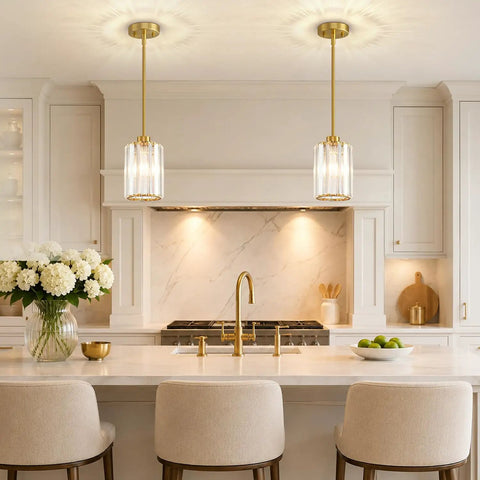 Straight Up Three Pack Brushed Gold Crystal Pendant Lights For Kitchen Islands, Top Shelf Hanging Mini Chandeliers with glass shades over kitchen island.