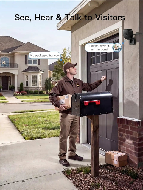 Spotlight Security Camera 2.5K 4MP Indoor Outdoor Wired Plug In With 2.4G WiFi installed overlooking a delivery in progress