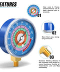 Refrigeration Pressure Gauge For AC Systems, Pro Grade 1/8 Inch NPT, 30 In Hg To 250 Psi Range, 2.75 Inch Dial, Lower Mount, Blue Face