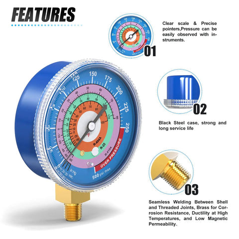 Refrigeration Pressure Gauge For AC Systems, Pro Grade 1/8 Inch NPT, 30 In Hg To 250 Psi Range, 2.75 Inch Dial, Lower Mount, Blue Face