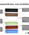 Knockout Six Piece Metal Polish Compound Kit 24 Oz showing 6 color-coded 4oz buffing paste bars for auto detailing.