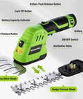 12V Cordless Grass Shear And Hedge Trimmer 2 In 1 Handheld Electric Grass Cutter with labeled parts, 2.0Ah Battery