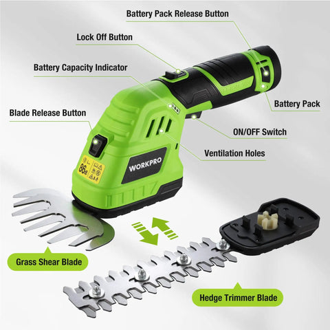 12V Cordless Grass Shear And Hedge Trimmer 2 In 1 Handheld Electric Grass Cutter with labeled parts, 2.0Ah Battery