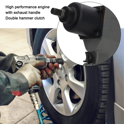 Heavy Duty 1/2 Inch Air Impact Wrench Delivers A Gnarly 850Nm Torque At 7500 Rpm used for tire installation, showing exhaust handle and socket.