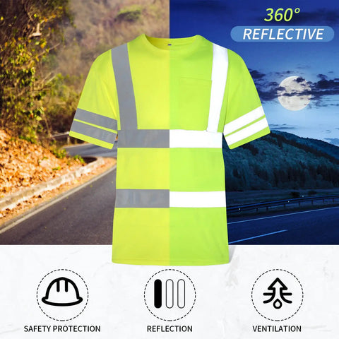 Six Pack Of XL High Visibility Reflective Safety T Shirts yellow with reflective strips shown in day and night settings.