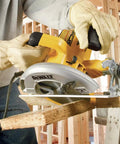 Lightweight 7-1/4 Inch Corded Circular Saw Featuring A Badass 15 Amp Motor With Snappy Electric Brake cutting through wood.