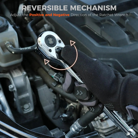 Mechanic using One Half Inch Drive Quick Release Ratchet Handle With 90-Tooth Reversible Chrome Alloy Socket Wrench for engine repair.