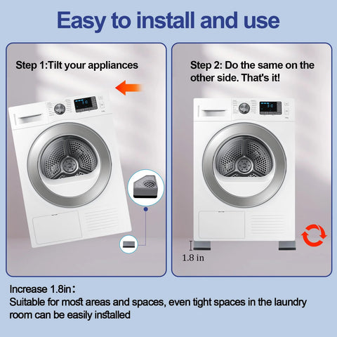 Installed view of washing machine on four anti-vibration pads; 1.8 in height, 4-piece stabilizer set