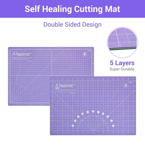 Front view of purple A3 self-healing cutting mats; double-sided with grid lines, set of two.