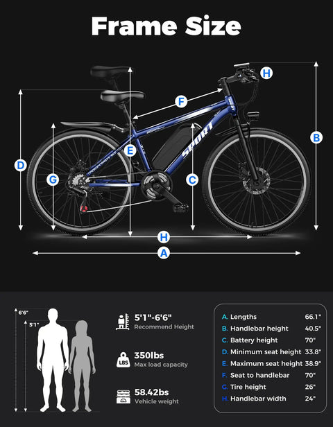 Frame size diagram of Beast Mode 1500W Peak Mountain Electric Bike For Adults With 25 MPH Top Speed 65 Mile Range 26 Inch Ebike