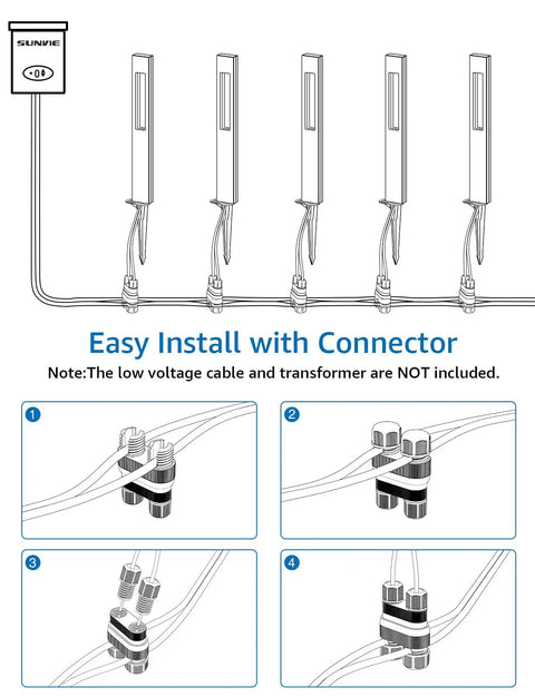 Installation diagram for Low Voltage 12 24V LED Pathway Lights 3W 3000K CRI 90 Plus Aluminum Waterproof Landscape 12 Pack.