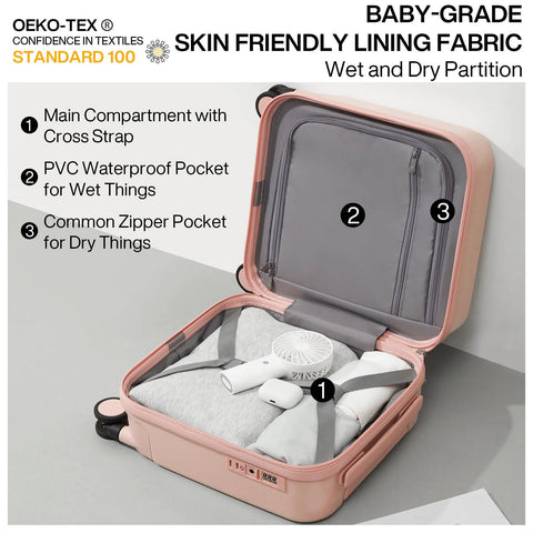 Open pink lightweight underseat carry-on luggage showing compartments with cross straps and PVC waterproof pocket.