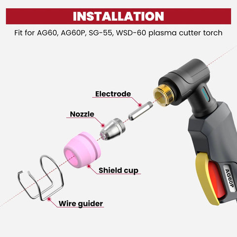 Diagram of AG60P Plasma Cutter Torch Consumables Kit with 50 Pcs Tip Nozzles and Carry Case for AG60 WSD60 AG60P and BTC500DP.