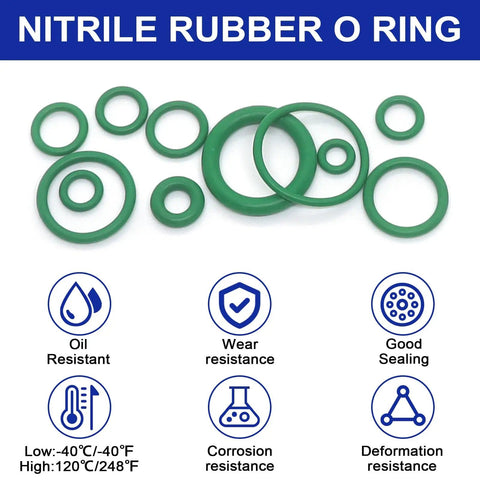 All In One 612 Piece Automotive O Ring Kit For Air Conditioning And Plumbing With 36 SAE And Metric Sizes Includes 4 O Ring Picks Premium Oil And Heat Resistant O Rings For Car AC Compressors Faucets And HVAC Repairs showing green nitrile rubber O-rings with durability icons.