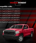 Toyota truck compatibility chart for models including Sequoia and Tundra, years 2007-2021, against a black and red background.
