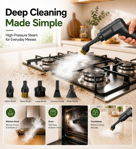 Handheld Steam Cleaner With 2500W Beast Mode Power And 1600Ml Tank in action cleaning stovetop with steam.