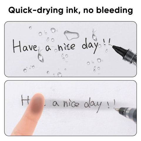 Rollerball Pens 0.5 Mm Fine Tip Black Ink 12 Pack showing quick-drying ink, no bleeding on paper with water drops.