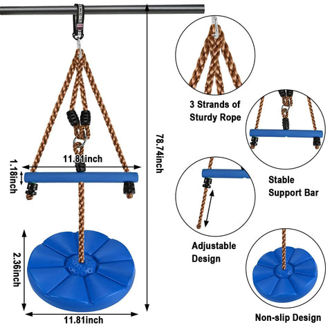 Kids Outdoor Swing Set With Disc Swing, Adjustable Rope Swing, Trapeze Bar in blue with measurements and design details.